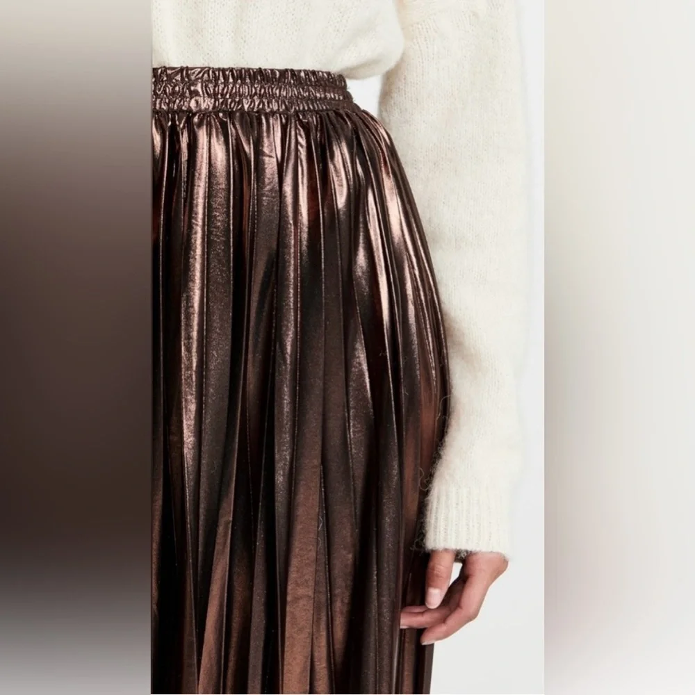 Free People En Saison Pleated Metallic Midi Skirt — Brown, NWT, Size L